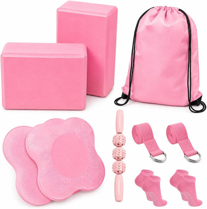 2 Yoga Blocks Supportive Accessories including 2 Knee Pads, 2 With Strap To Put Less Weight On Wrists, 1 Muscle Massage Roller, 2 Pair of Non-Slip Pilates Socks, 1 GYM Bag, Durable Versatile Yoga Brick Exercise Set of 10