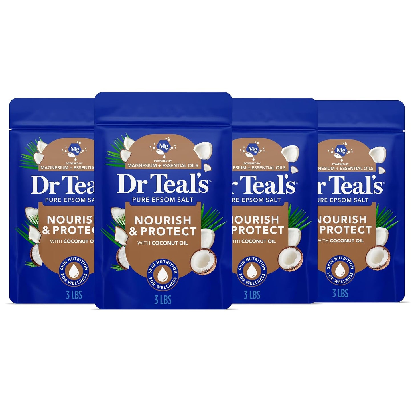 Epsom Salt Magnesium Soak, Nourish & Protect with Coconut Oil, 3 lbs (Pack of 4)