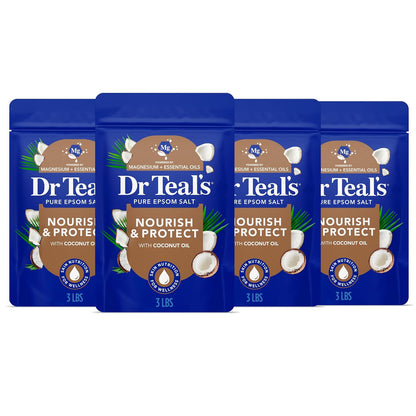 Epsom Salt Magnesium Soak, Nourish & Protect with Coconut Oil, 3 lbs (Pack of 4)