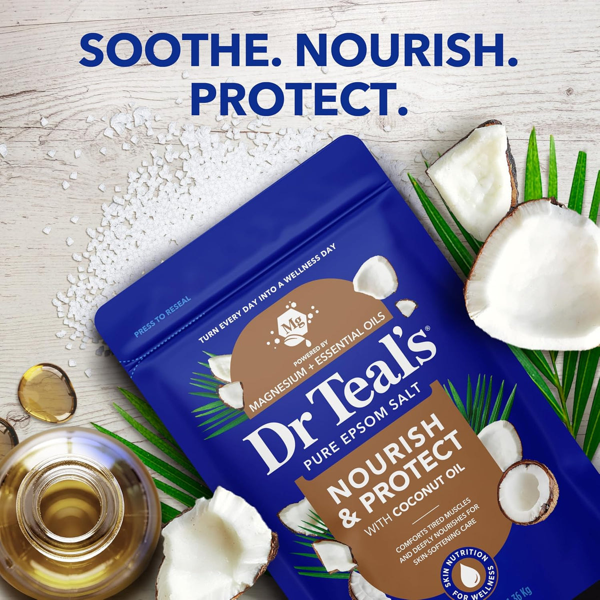 Epsom Salt Magnesium Soak, Nourish & Protect with Coconut Oil, 3 lbs (Pack of 4)