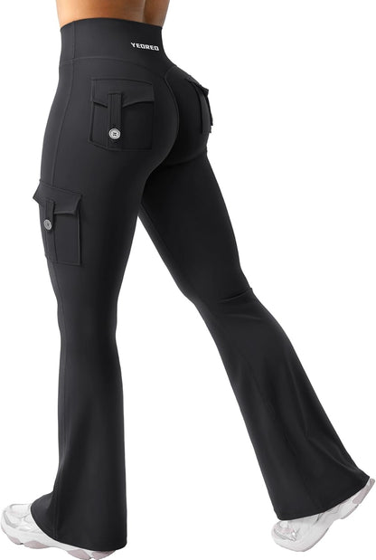 CoreFlex Women Workout Flare Leggings with Pockets Hidden Scrunch High Waisted Cargo Gym Yoga No Front Seam Leggings