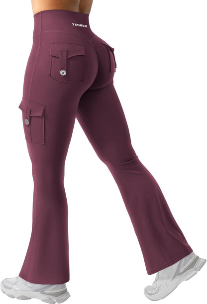 CoreFlex Women Workout Flare Leggings with Pockets Hidden Scrunch High Waisted Cargo Gym Yoga No Front Seam Leggings