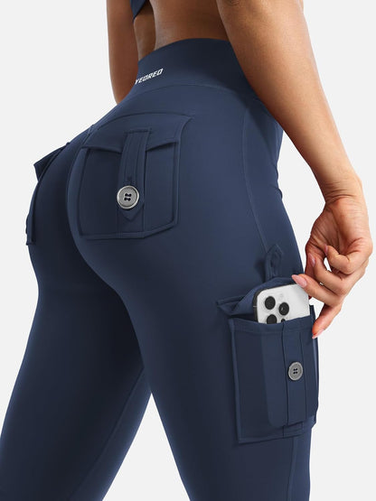 CoreFlex Women Workout Flare Leggings with Pockets Hidden Scrunch High Waisted Cargo Gym Yoga No Front Seam Leggings