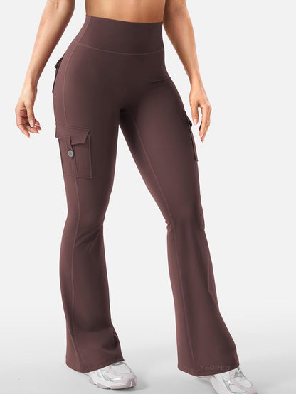 CoreFlex Women Workout Flare Leggings with Pockets Hidden Scrunch High Waisted Cargo Gym Yoga No Front Seam Leggings
