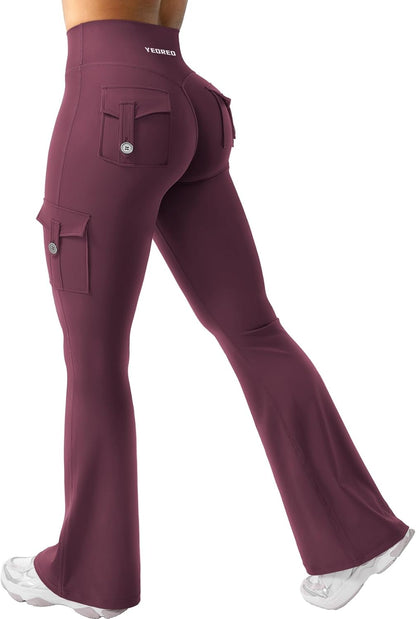 CoreFlex Women Workout Flare Leggings with Pockets Hidden Scrunch High Waisted Cargo Gym Yoga No Front Seam Leggings