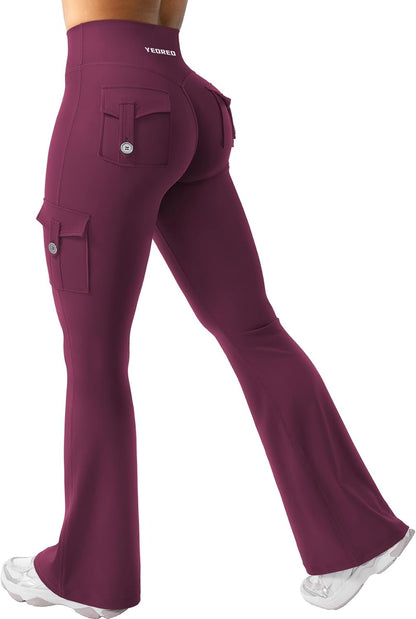 CoreFlex Women Workout Flare Leggings with Pockets Hidden Scrunch High Waisted Cargo Gym Yoga No Front Seam Leggings