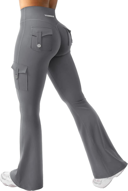 CoreFlex Women Workout Flare Leggings with Pockets Hidden Scrunch High Waisted Cargo Gym Yoga No Front Seam Leggings