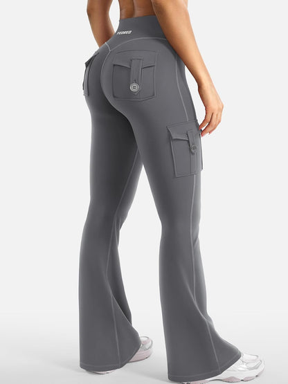 CoreFlex Women Workout Flare Leggings with Pockets Hidden Scrunch High Waisted Cargo Gym Yoga No Front Seam Leggings
