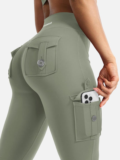CoreFlex Women Workout Flare Leggings with Pockets Hidden Scrunch High Waisted Cargo Gym Yoga No Front Seam Leggings
