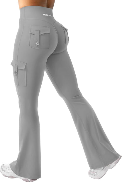 CoreFlex Women Workout Flare Leggings with Pockets Hidden Scrunch High Waisted Cargo Gym Yoga No Front Seam Leggings