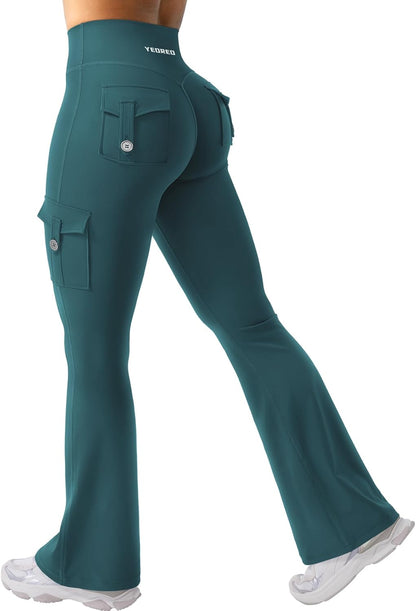 CoreFlex Women Workout Flare Leggings with Pockets Hidden Scrunch High Waisted Cargo Gym Yoga No Front Seam Leggings