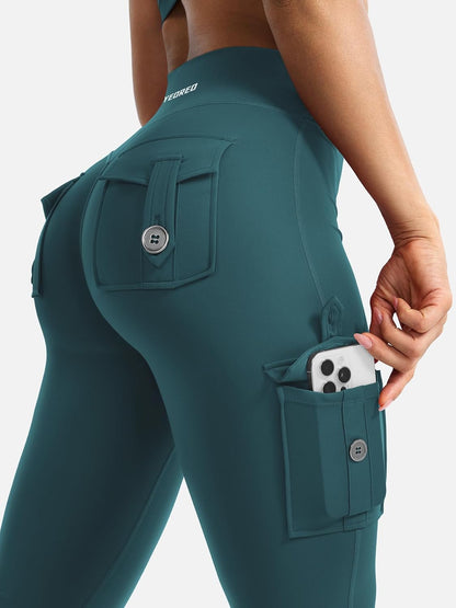 CoreFlex Women Workout Flare Leggings with Pockets Hidden Scrunch High Waisted Cargo Gym Yoga No Front Seam Leggings
