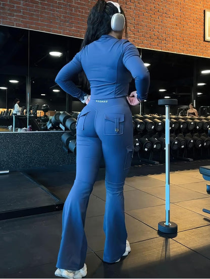 CoreFlex Women Workout Flare Leggings with Pockets Hidden Scrunch High Waisted Cargo Gym Yoga No Front Seam Leggings