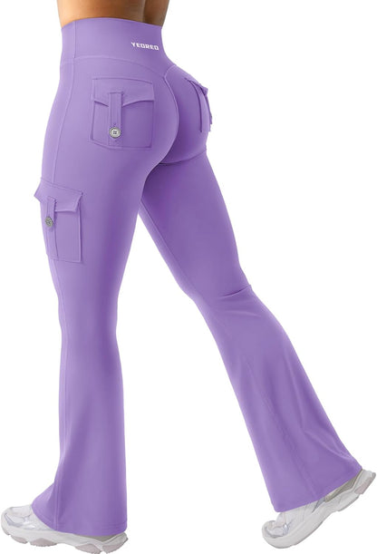 CoreFlex Women Workout Flare Leggings with Pockets Hidden Scrunch High Waisted Cargo Gym Yoga No Front Seam Leggings