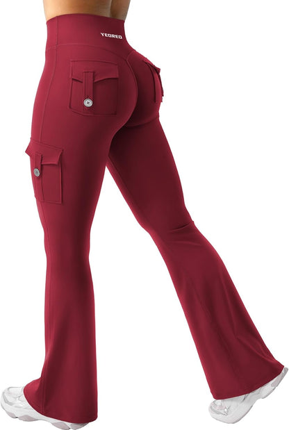 CoreFlex Women Workout Flare Leggings with Pockets Hidden Scrunch High Waisted Cargo Gym Yoga No Front Seam Leggings