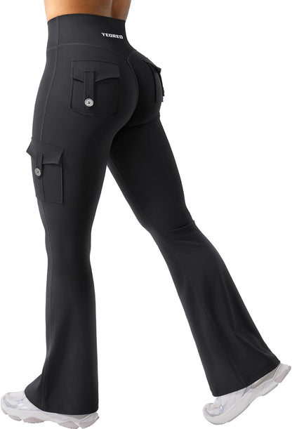 CoreFlex Women Workout Flare Leggings with Pockets Hidden Scrunch High Waisted Cargo Gym Yoga No Front Seam Leggings