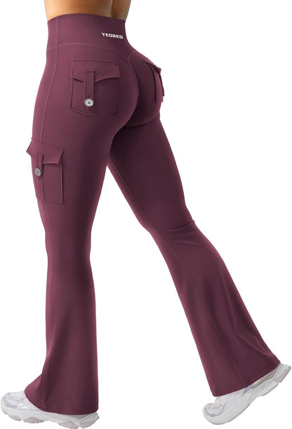 CoreFlex Women Workout Flare Leggings with Pockets Hidden Scrunch High Waisted Cargo Gym Yoga No Front Seam Leggings