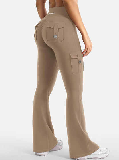 CoreFlex Women Workout Flare Leggings with Pockets Hidden Scrunch High Waisted Cargo Gym Yoga No Front Seam Leggings