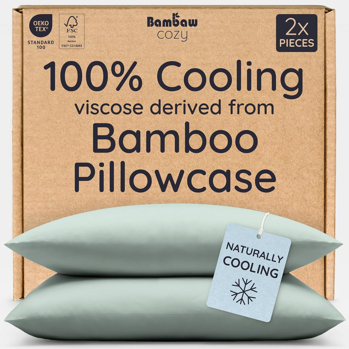 100% Viscose Derived from Bamboo Pillowcase Standard Size – Set of 2 Cooling Pillow Cases Standard Size, Breathable & Anti Acne Pillowcase, Cooling Pillow Cover, Envelope Closure (Sea Glass)