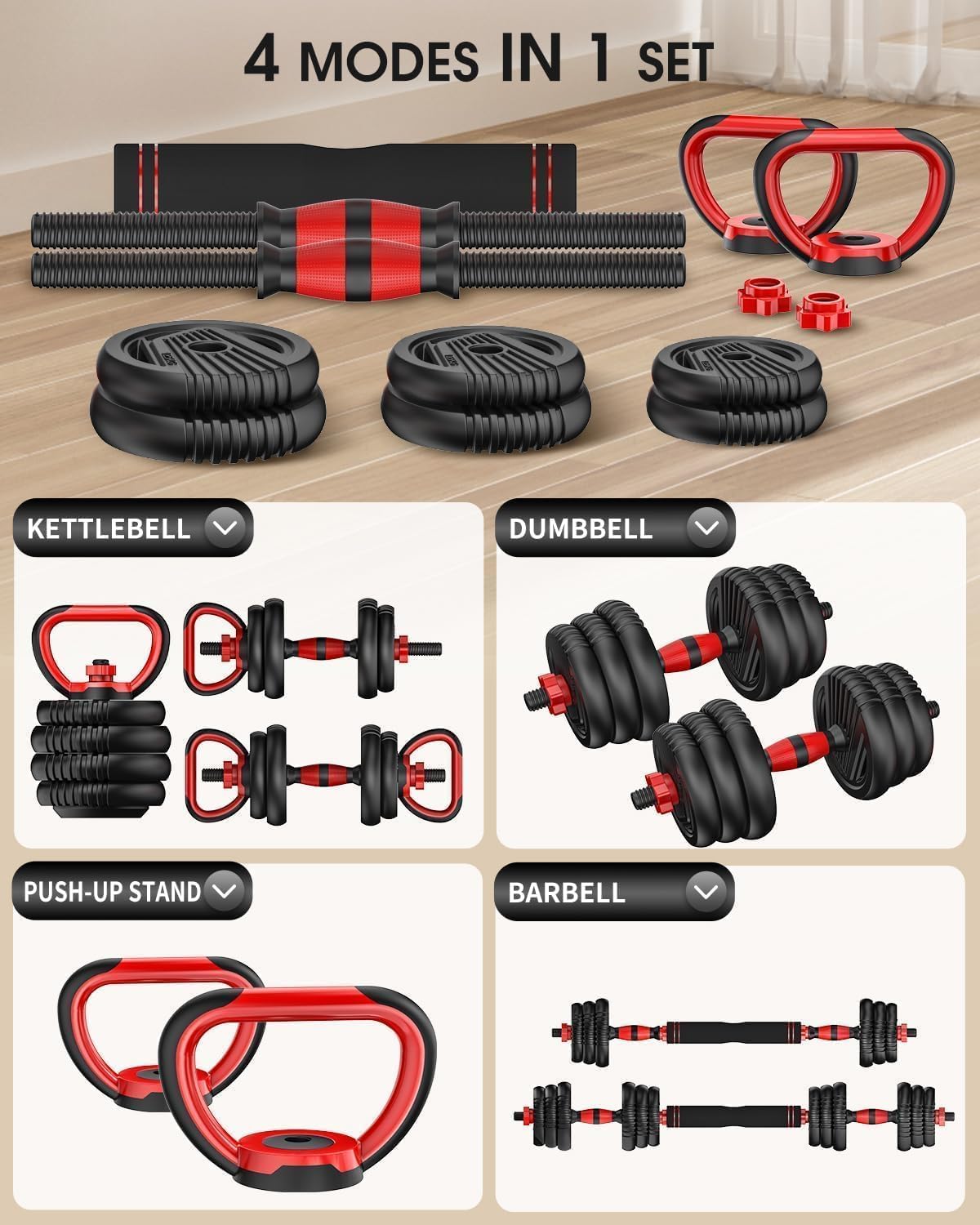 Adjustable Dumbbells,20/30/45/70/90lbs Free Weight Set | 5 in1 Dumbbell Set with Connector,Used as Barbell,Kettlebells,Push up Stand,Fitness Exercises for Home Gym Suitable Men/Women