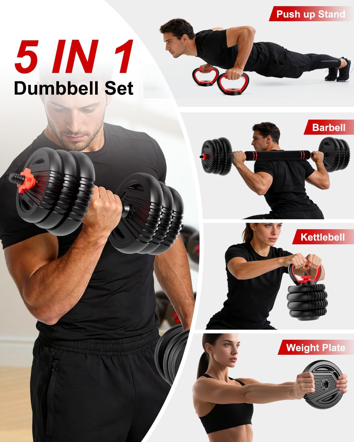 Adjustable Dumbbells,20/30/45/70/90lbs Free Weight Set | 5 in1 Dumbbell Set with Connector,Used as Barbell,Kettlebells,Push up Stand,Fitness Exercises for Home Gym Suitable Men/Women