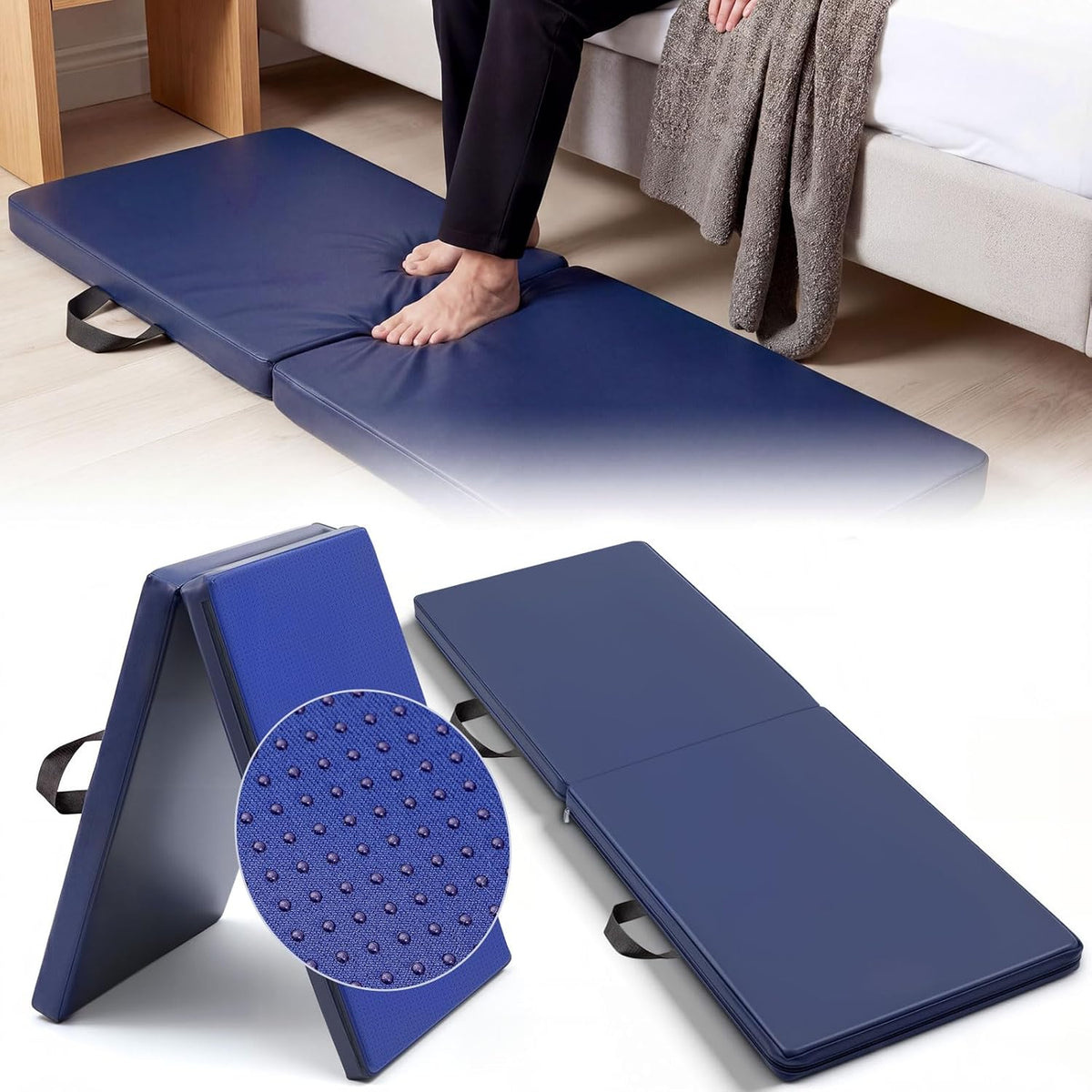 Wesiti 1 Pcs Fall Mat for Elderly Bedside, 70" x 24" x 2" Non Slip Foldable Floor Mat for Seniors Safety Fall Prevention for Handicap, Anti Fatigue Crash Bed Pad, Blue