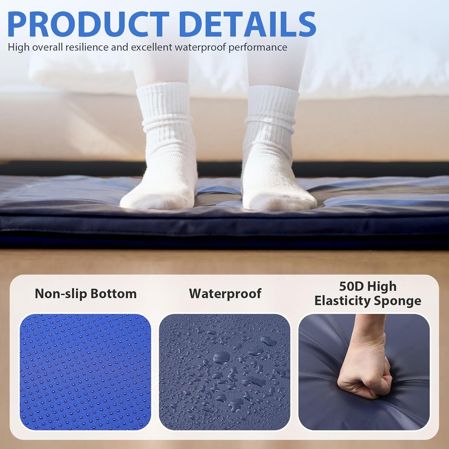 Wesiti 1 Pcs Fall Mat for Elderly Bedside, 70" x 24" x 2" Non Slip Foldable Floor Mat for Seniors Safety Fall Prevention for Handicap, Anti Fatigue Crash Bed Pad, Blue