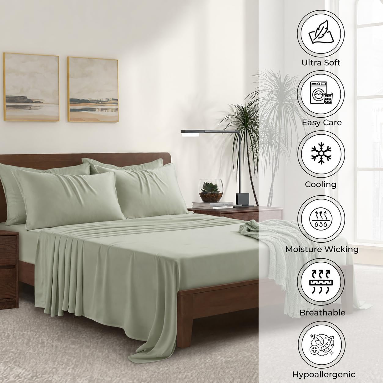 King Envelope Pillowcase Set | 100% Viscose Made from Bamboo | Organically Grown | Ultra Soft | Cooling | 2pcs [Coastal Green]