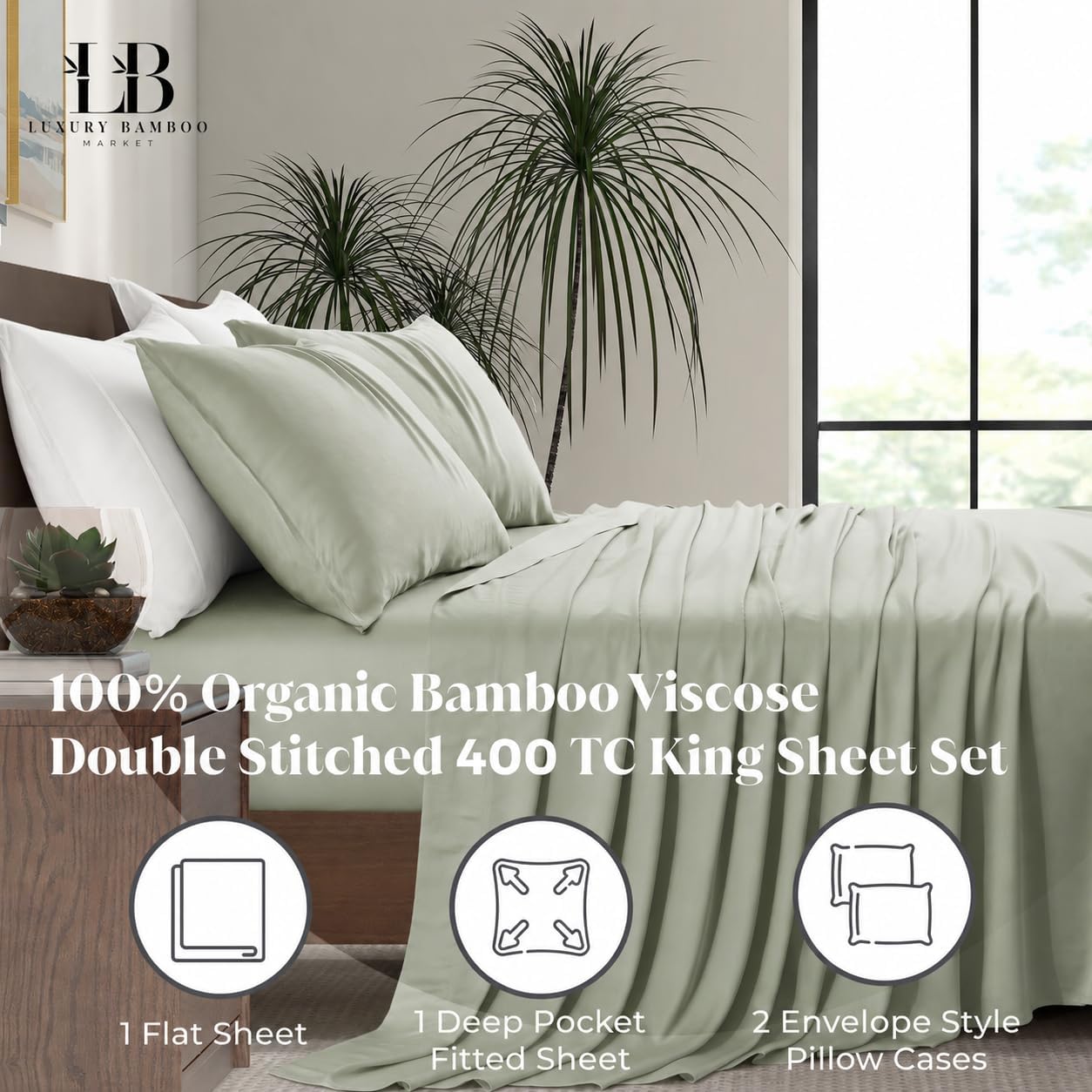 King Envelope Pillowcase Set | 100% Viscose Made from Bamboo | Organically Grown | Ultra Soft | Cooling | 2pcs [Coastal Green]