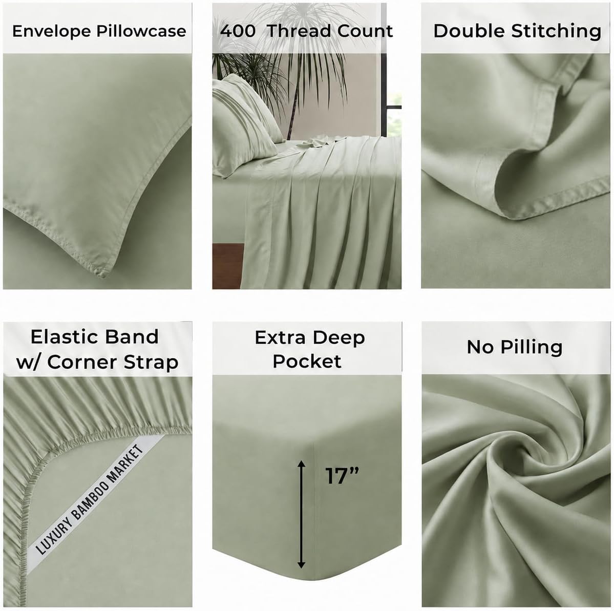 King Envelope Pillowcase Set | 100% Viscose Made from Bamboo | Organically Grown | Ultra Soft | Cooling | 2pcs [Coastal Green]