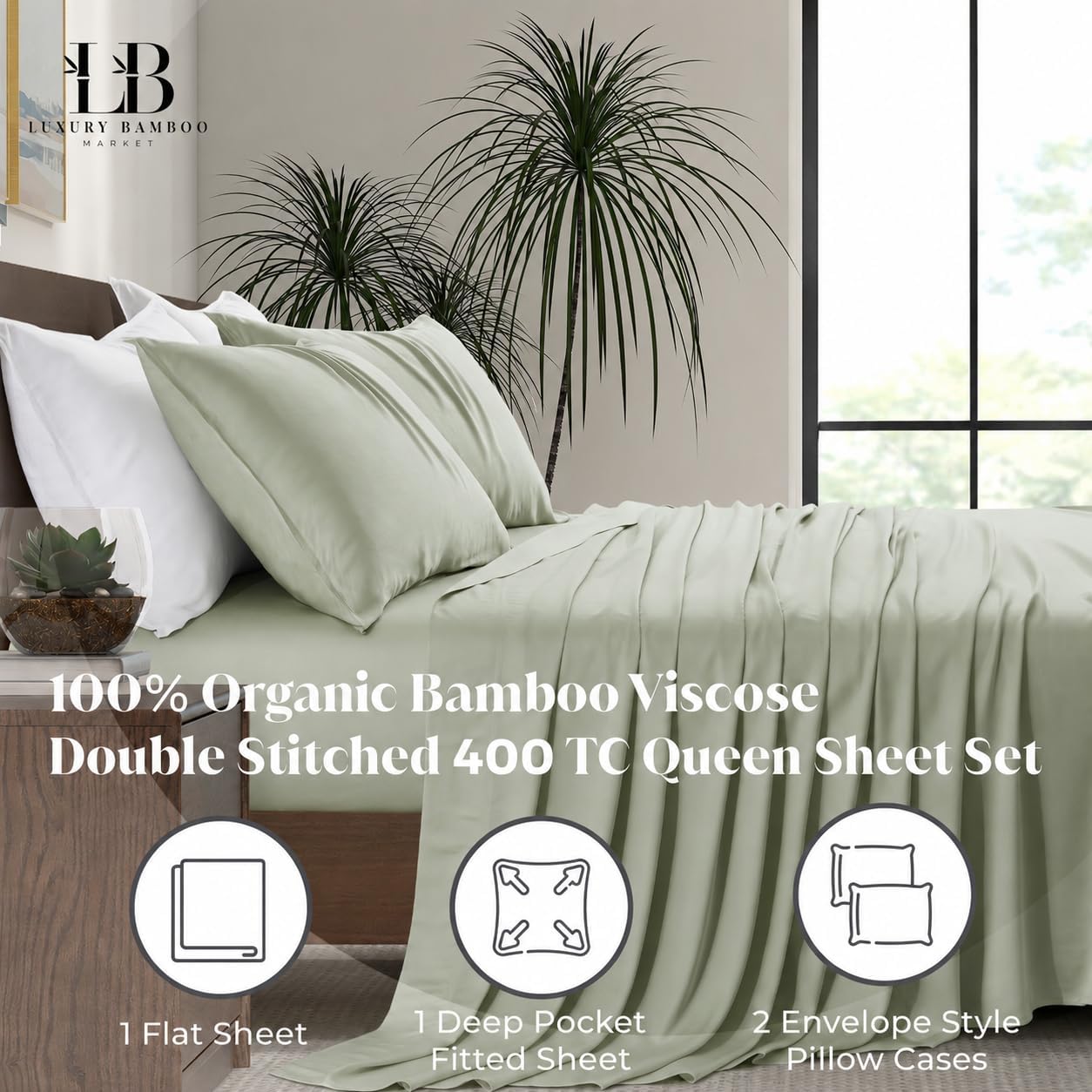 King Envelope Pillowcase Set | 100% Viscose Made from Bamboo | Organically Grown | Ultra Soft | Cooling | 2pcs [Coastal Green]