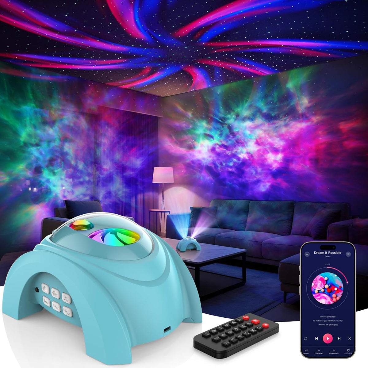 Dual Lens Galaxy Star Aurora Projector Night Light for Bedroom | 58 Light Effects, White Noise, Bluetooth Speaker, Music Sync, Remote Control, Timer, Room Decor Gift for Kids Adults Teens