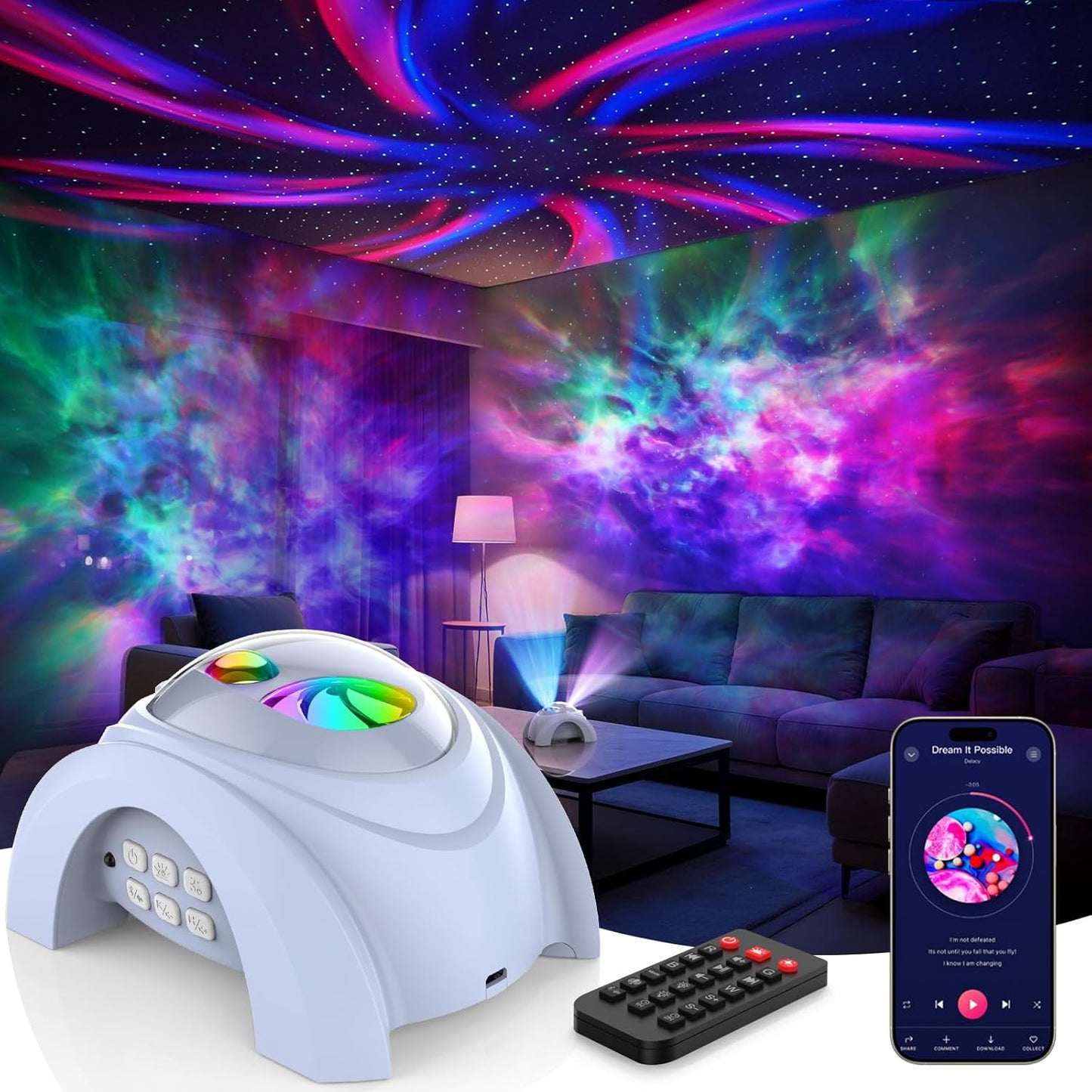 Dual Lens Galaxy Star Aurora Projector Night Light for Bedroom | 58 Light Effects, White Noise, Bluetooth Speaker, Music Sync, Remote Control, Timer, Room Decor Gift for Kids Adults Teens