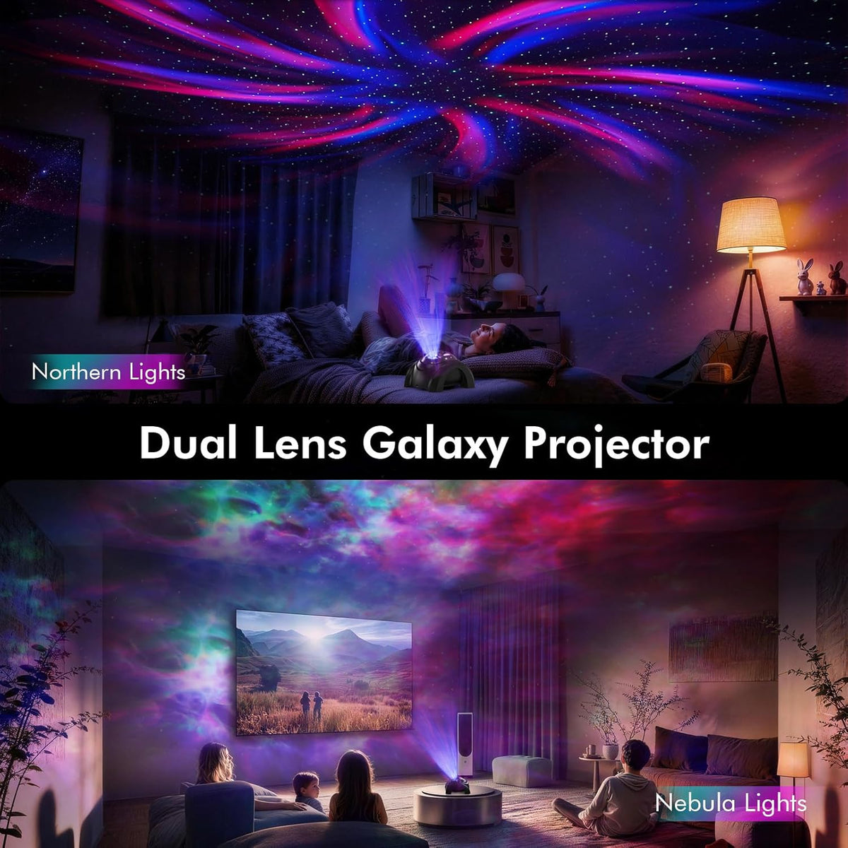 Dual Lens Galaxy Star Aurora Projector Night Light for Bedroom | 58 Light Effects, White Noise, Bluetooth Speaker, Music Sync, Remote Control, Timer, Room Decor Gift for Kids Adults Teens