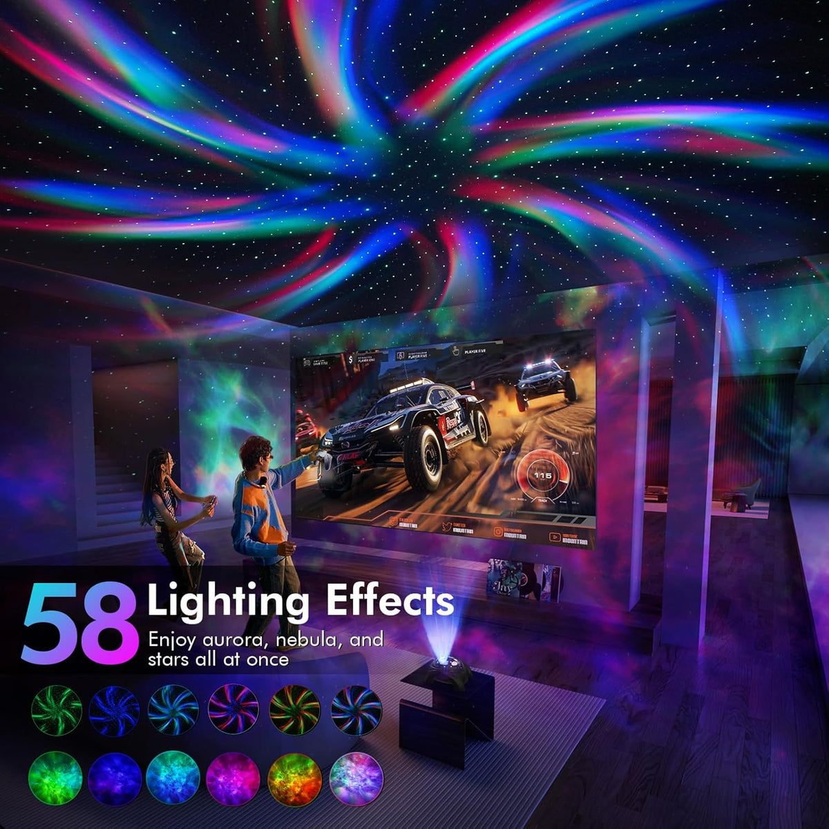 Dual Lens Galaxy Star Aurora Projector Night Light for Bedroom | 58 Light Effects, White Noise, Bluetooth Speaker, Music Sync, Remote Control, Timer, Room Decor Gift for Kids Adults Teens