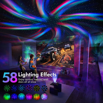 Dual Lens Galaxy Star Aurora Projector Night Light for Bedroom | 58 Light Effects, White Noise, Bluetooth Speaker, Music Sync, Remote Control, Timer, Room Decor Gift for Kids Adults Teens