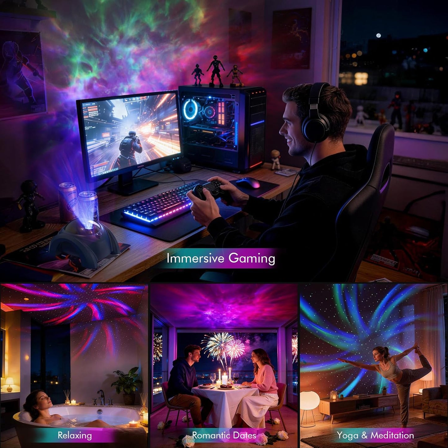 Dual Lens Galaxy Star Aurora Projector Night Light for Bedroom | 58 Light Effects, White Noise, Bluetooth Speaker, Music Sync, Remote Control, Timer, Room Decor Gift for Kids Adults Teens
