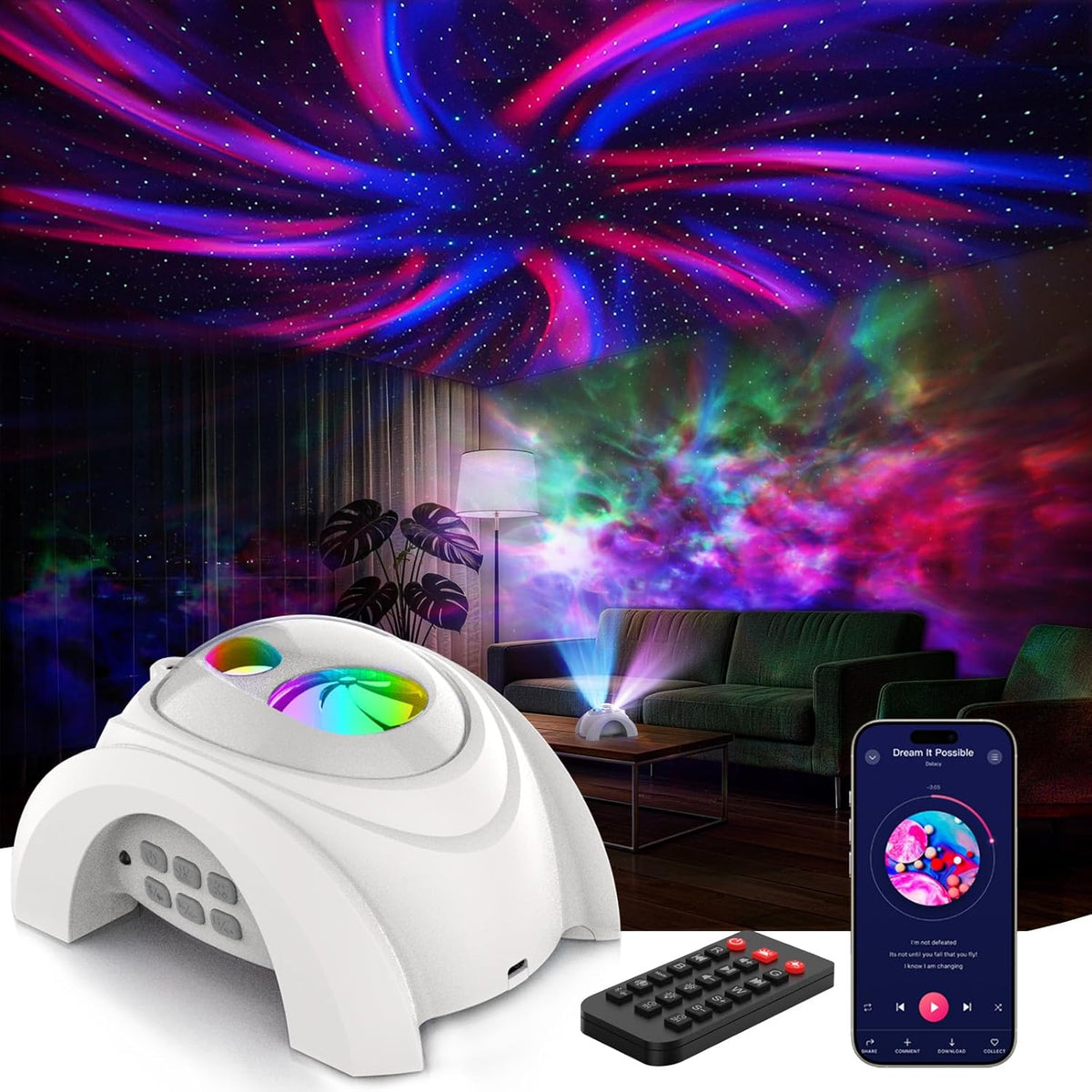 Dual Lens Galaxy Star Aurora Projector Night Light for Bedroom | 58 Light Effects, White Noise, Bluetooth Speaker, Music Sync, Remote Control, Timer, Room Decor Gift for Kids Adults Teens
