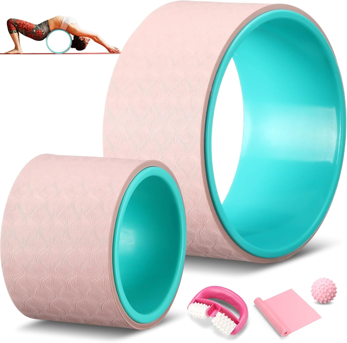 5-in-1 Pink Yoga Wheel Set Back Stretcher Wheel Deep Tissue Massage Foam Roller Trigger Point Relieve Ball, Resistance Loop Exercise Bands Massage Roller for Deep Tissue Yoga Beginner Gift