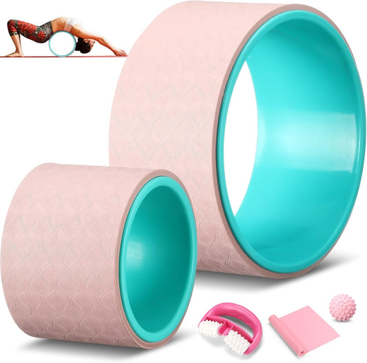 5-in-1 Pink Yoga Wheel Set Back Stretcher Wheel Deep Tissue Massage Foam Roller Trigger Point Relieve Ball, Resistance Loop Exercise Bands Massage Roller for Deep Tissue Yoga Beginner Gift
