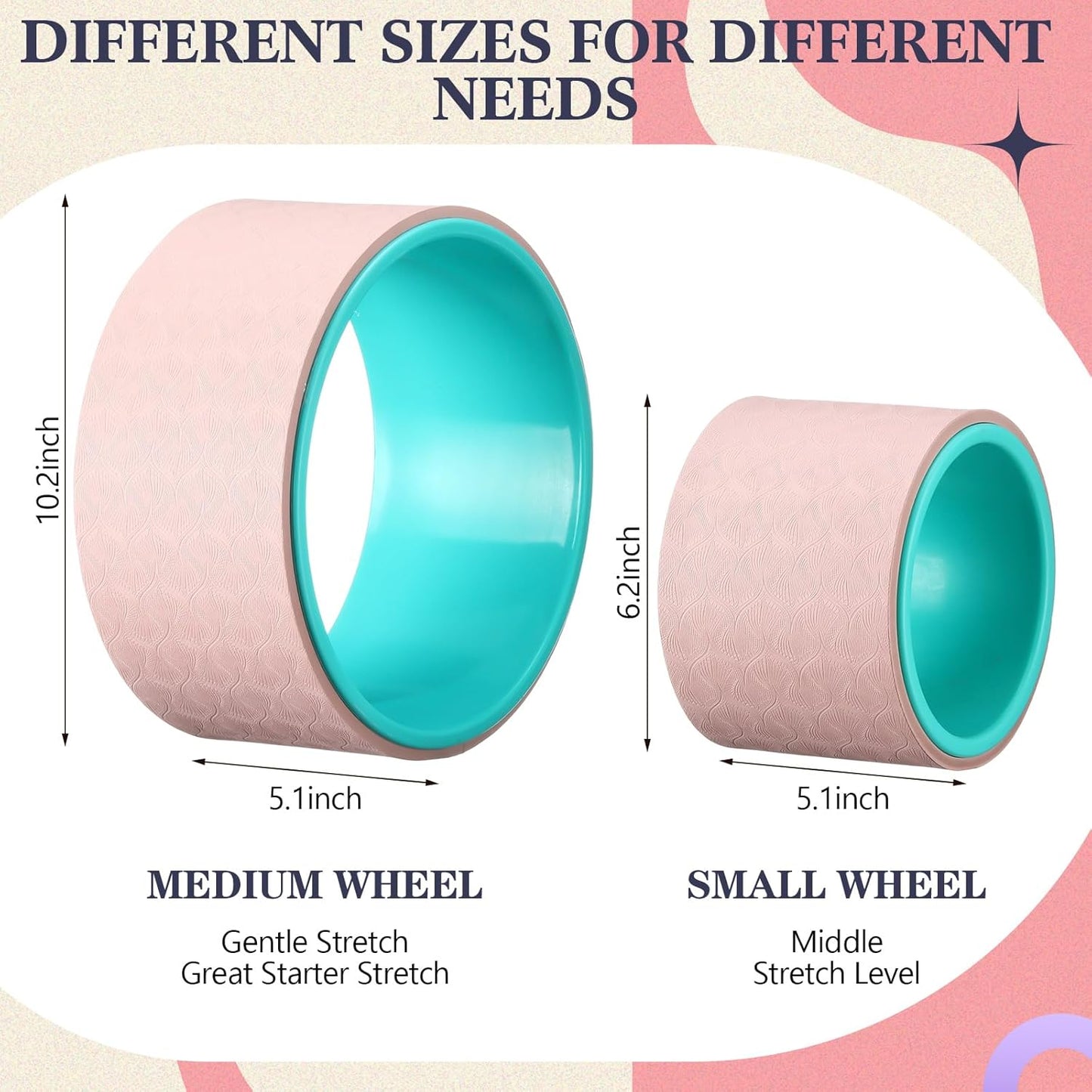 5-in-1 Pink Yoga Wheel Set Back Stretcher Wheel Deep Tissue Massage Foam Roller Trigger Point Relieve Ball, Resistance Loop Exercise Bands Massage Roller for Deep Tissue Yoga Beginner Gift