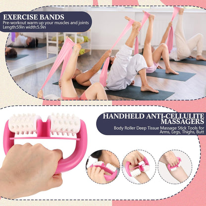 5-in-1 Pink Yoga Wheel Set Back Stretcher Wheel Deep Tissue Massage Foam Roller Trigger Point Relieve Ball, Resistance Loop Exercise Bands Massage Roller for Deep Tissue Yoga Beginner Gift