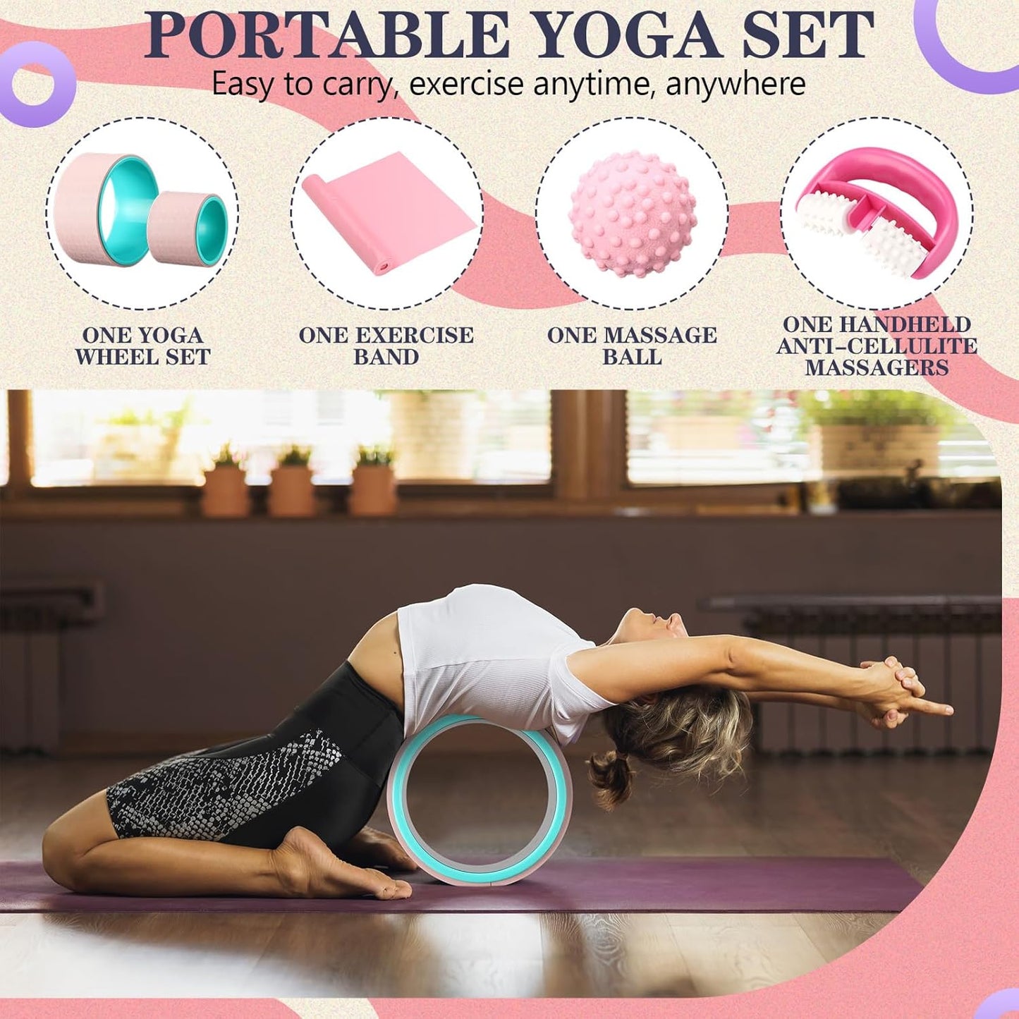 5-in-1 Pink Yoga Wheel Set Back Stretcher Wheel Deep Tissue Massage Foam Roller Trigger Point Relieve Ball, Resistance Loop Exercise Bands Massage Roller for Deep Tissue Yoga Beginner Gift