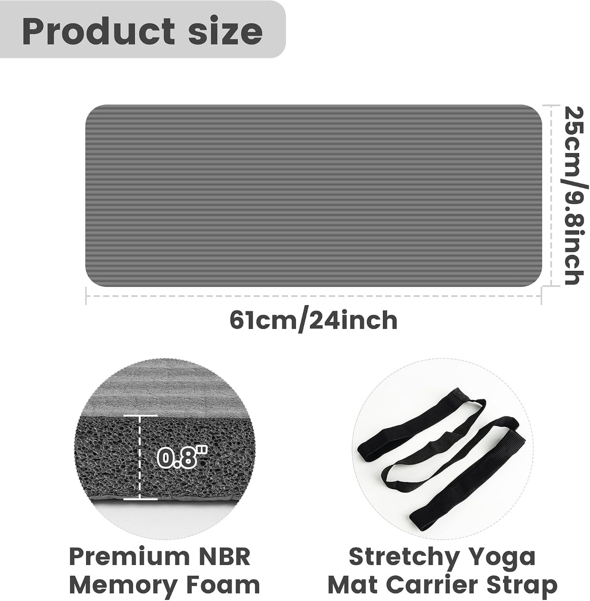 Yoga Knee Pad Cushion, 24 x 9.8 x 0.8 in Thick Mini Yoga Mat, Odor-Free NBR Workout Mat with Storage Strap, Small Exercise Mat for Yoga, Pilates, Kneeling, Planks & Home Gym