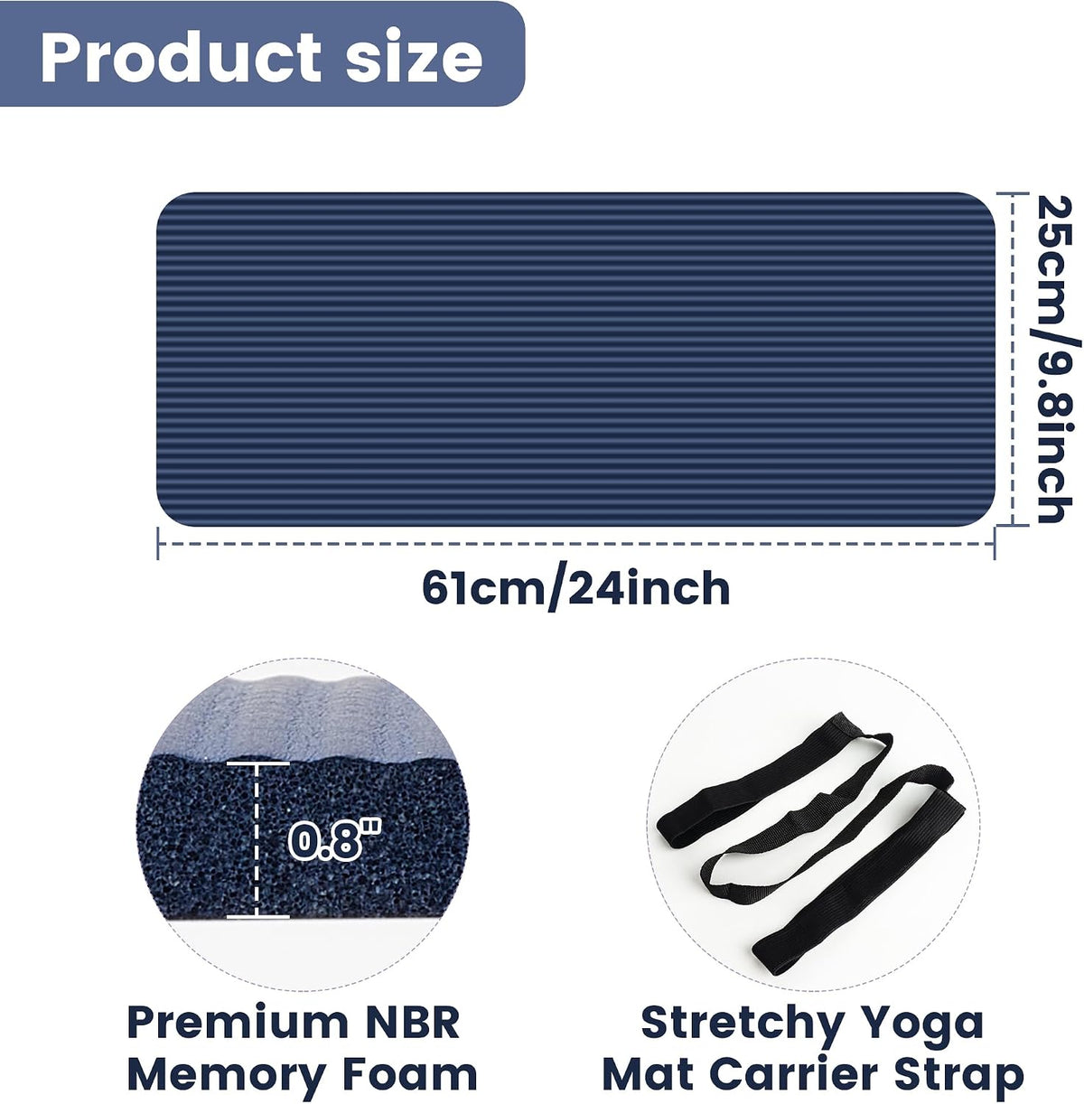 Yoga Knee Pad Cushion, 24 x 9.8 x 0.8 in Thick Mini Yoga Mat, Odor-Free NBR Workout Mat with Storage Strap, Small Exercise Mat for Yoga, Pilates, Kneeling, Planks & Home Gym