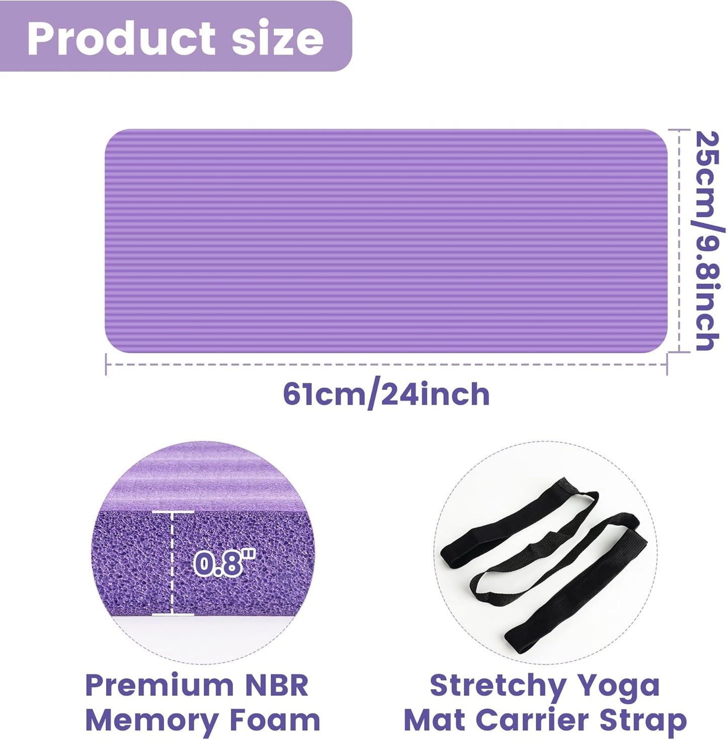 Yoga Knee Pad Cushion, 24 x 9.8 x 0.8 in Thick Mini Yoga Mat, Odor-Free NBR Workout Mat with Storage Strap, Small Exercise Mat for Yoga, Pilates, Kneeling, Planks & Home Gym