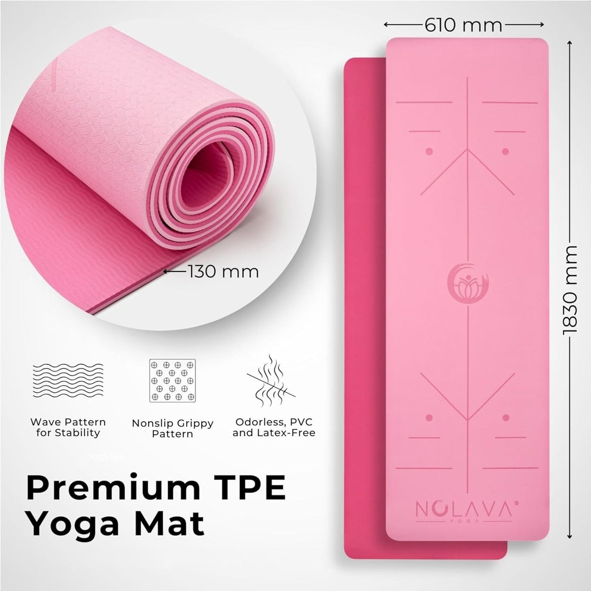 Nolava Yoga Mat with Bag – 72 x 24 inch, 1/4 inch Thick Non-Slip Mat – Includes Slap Band, Black Zippered Carry Tote with Mat Sleeve & Inner Pocket – For Yoga, Pilates, Home or Studio.