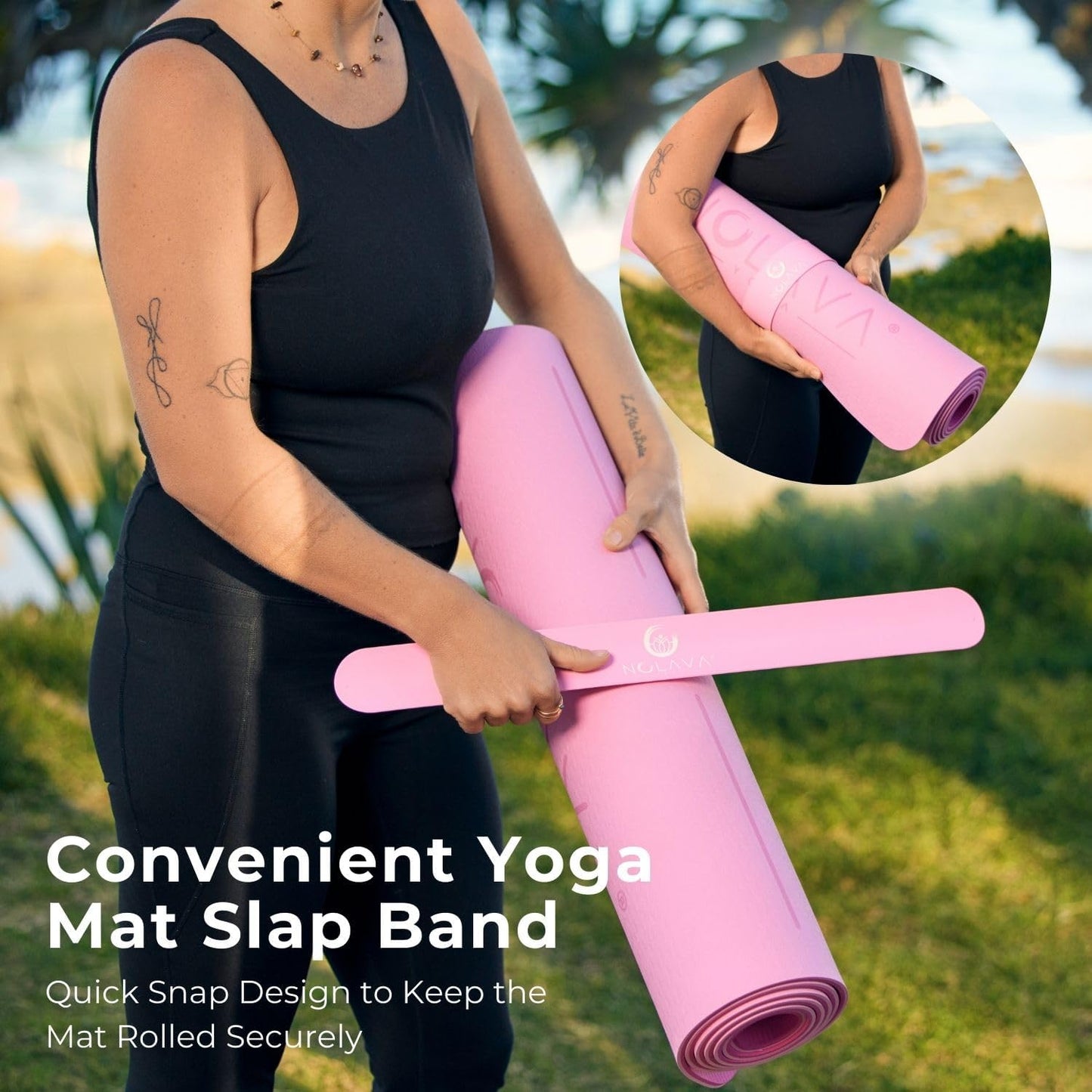 Nolava Yoga Mat with Bag – 72 x 24 inch, 1/4 inch Thick Non-Slip Mat – Includes Slap Band, Black Zippered Carry Tote with Mat Sleeve & Inner Pocket – For Yoga, Pilates, Home or Studio.