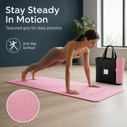 Nolava Yoga Mat with Bag – 72 x 24 inch, 1/4 inch Thick Non-Slip Mat – Includes Slap Band, Black Zippered Carry Tote with Mat Sleeve & Inner Pocket – For Yoga, Pilates, Home or Studio.