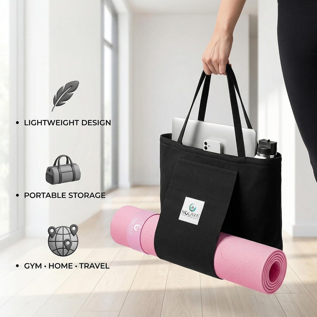 Nolava Yoga Mat with Bag – 72 x 24 inch, 1/4 inch Thick Non-Slip Mat – Includes Slap Band, Black Zippered Carry Tote with Mat Sleeve & Inner Pocket – For Yoga, Pilates, Home or Studio.